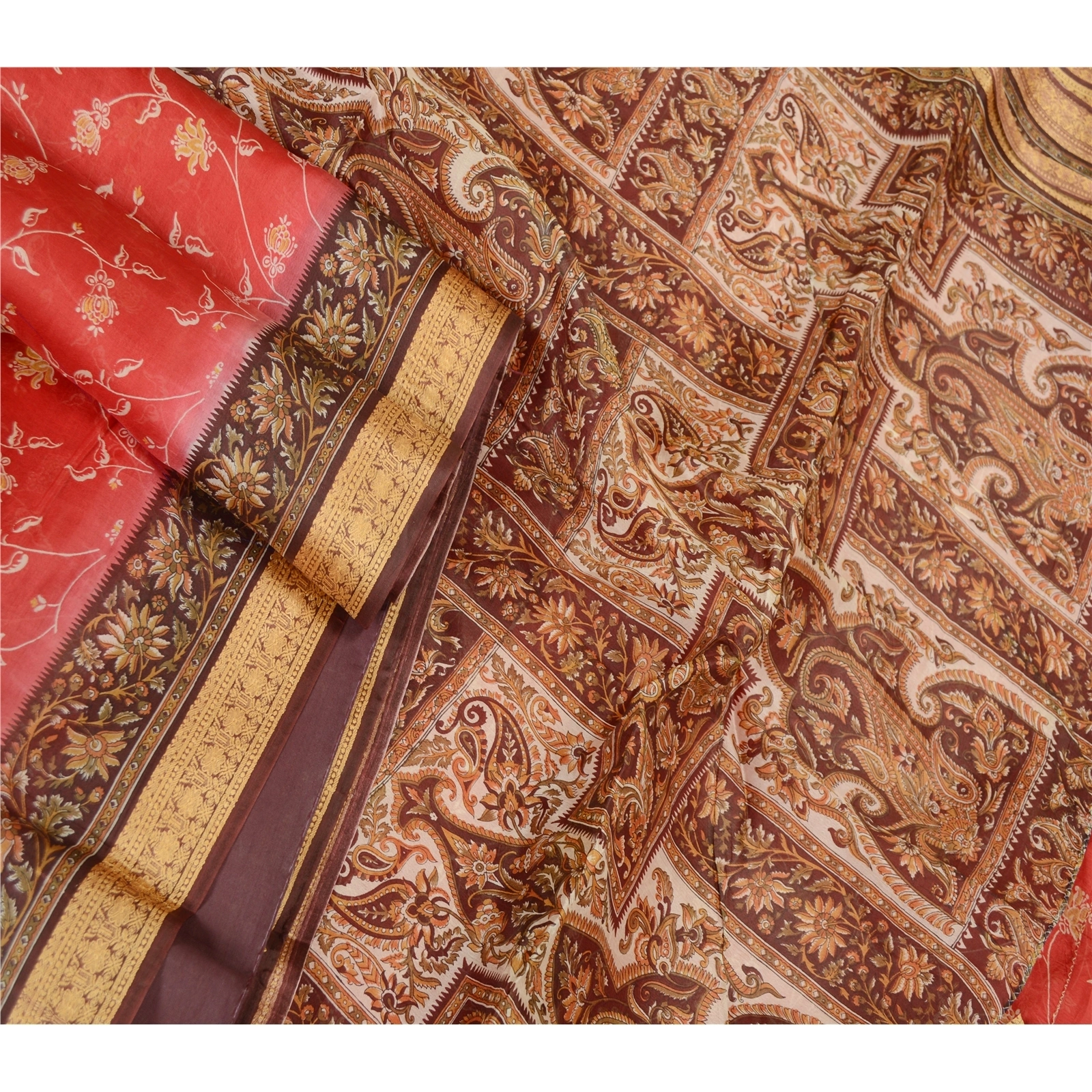 Sanskriti Vintage Red Indian Sarees Pure Silk Printed Sari Floral Craft Fabric, PR-59316-Red-Printed Floral Design-Pure Silk-2