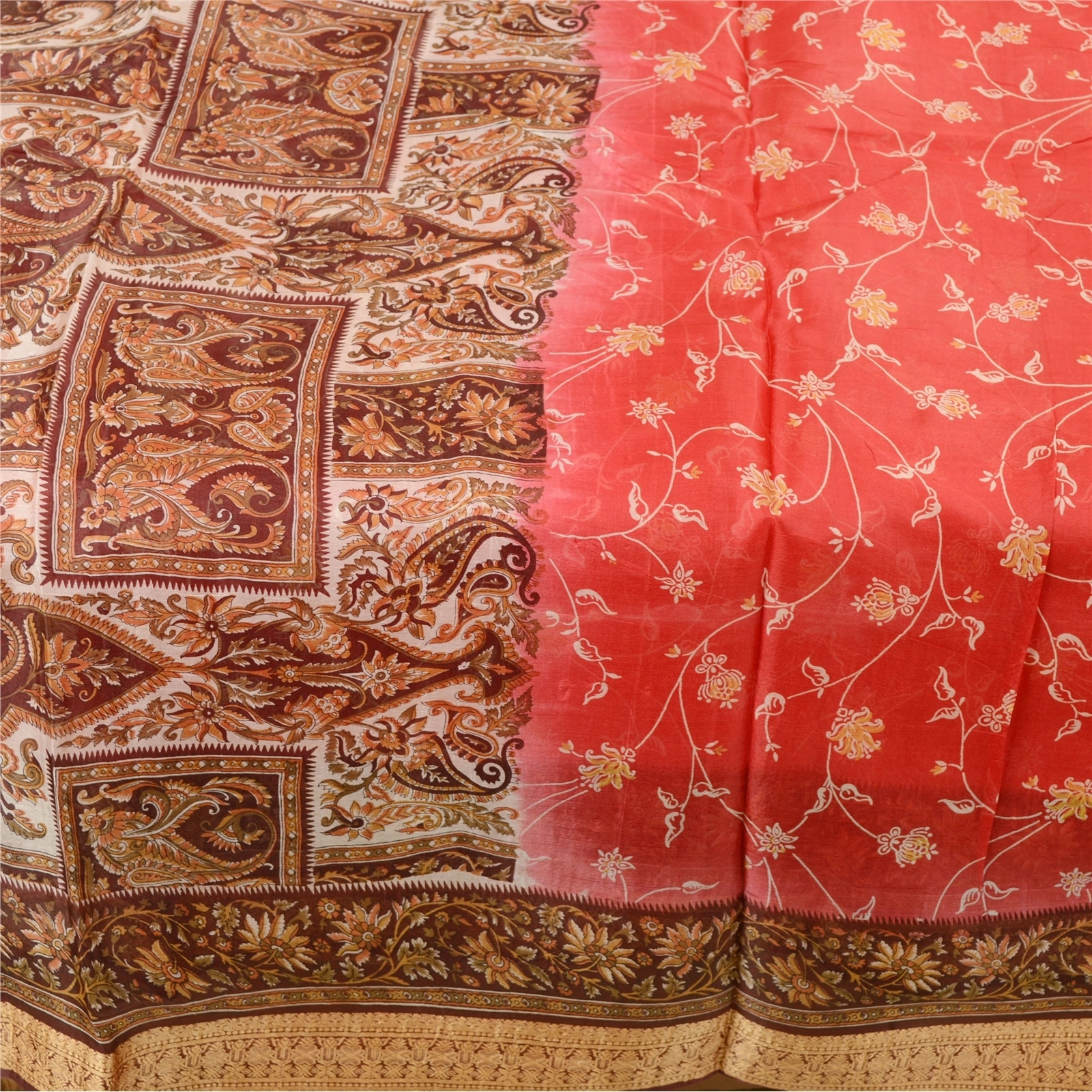 Sanskriti Vintage Red Indian Sarees Pure Silk Printed Sari Floral Craft Fabric, PR-59316-Red-Printed Floral Design-Pure Silk-4