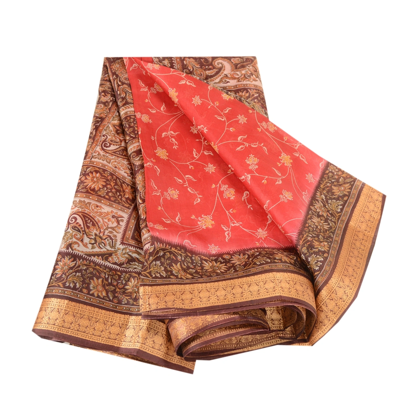 Sanskriti Vintage Red Indian Sarees Pure Silk Printed Sari Floral Craft Fabric, PR-59316-Red-Printed Floral Design-Pure Silk-7