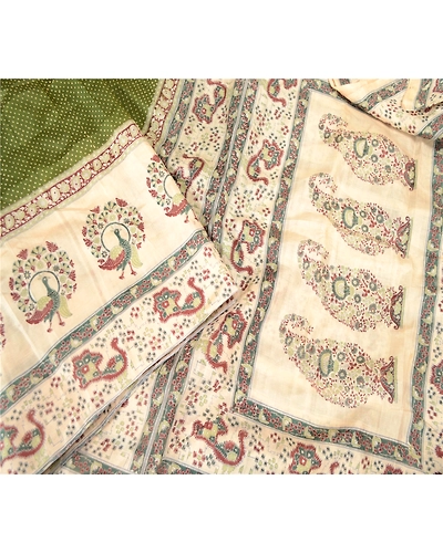 Sanskriti Vintage Green Indian Sarees Pure Silk Printed Sari Soft Craft Fabric, PR-59318-Green-Printed Floral Design-Pure Silk-3