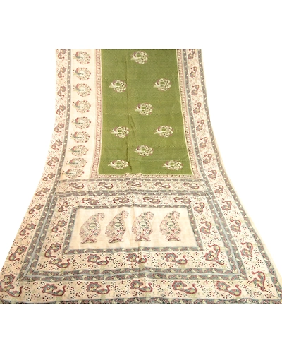 Sanskriti Vintage Green Indian Sarees Pure Silk Printed Sari Soft Craft Fabric, PR-59318-Green-Printed Floral Design-Pure Silk-8