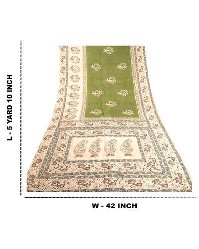 Sanskriti Vintage Green Indian Sarees Pure Silk Printed Sari Soft Craft Fabric, PR-59318-Green-Printed Floral Design-Pure Silk-9