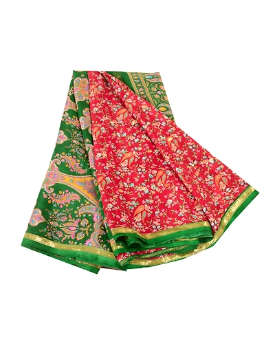 Sanskriti Vintage Red Sarees 100% Pure Silk Woven Printed Sari 5Yd Craft Fabric, PR-59334-Red-Printed Floral Design-Pure Silk-6