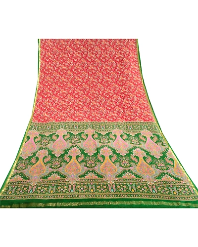 Sanskriti Vintage Red Sarees 100% Pure Silk Woven Printed Sari 5Yd Craft Fabric, PR-59334-Red-Printed Floral Design-Pure Silk-7