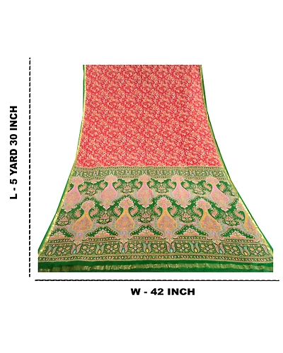 Sanskriti Vintage Red Sarees 100% Pure Silk Woven Printed Sari 5Yd Craft Fabric, PR-59334-Red-Printed Floral Design-Pure Silk-8