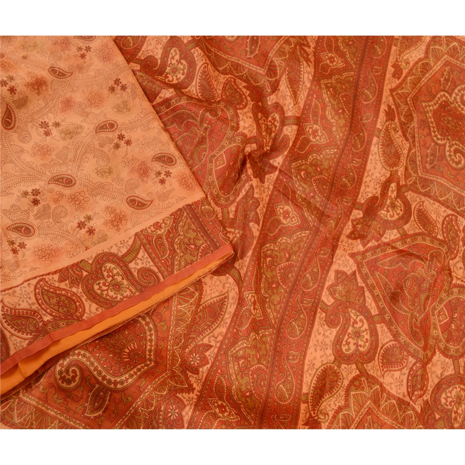 Sanskriti Vintage Peach Indian Sarees Printed Pure Silk Sari Soft Craft Fabric, PR-59370-Peach-Printed Floral Design-Pure Silk-2