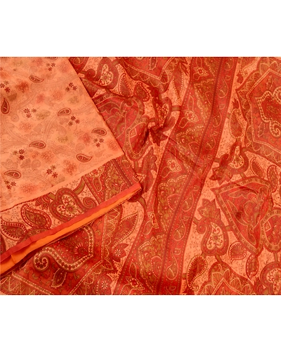 Sanskriti Vintage Peach Indian Sarees Printed Pure Silk Sari Soft Craft Fabric, PR-59370-Peach-Printed Floral Design-Pure Silk-2