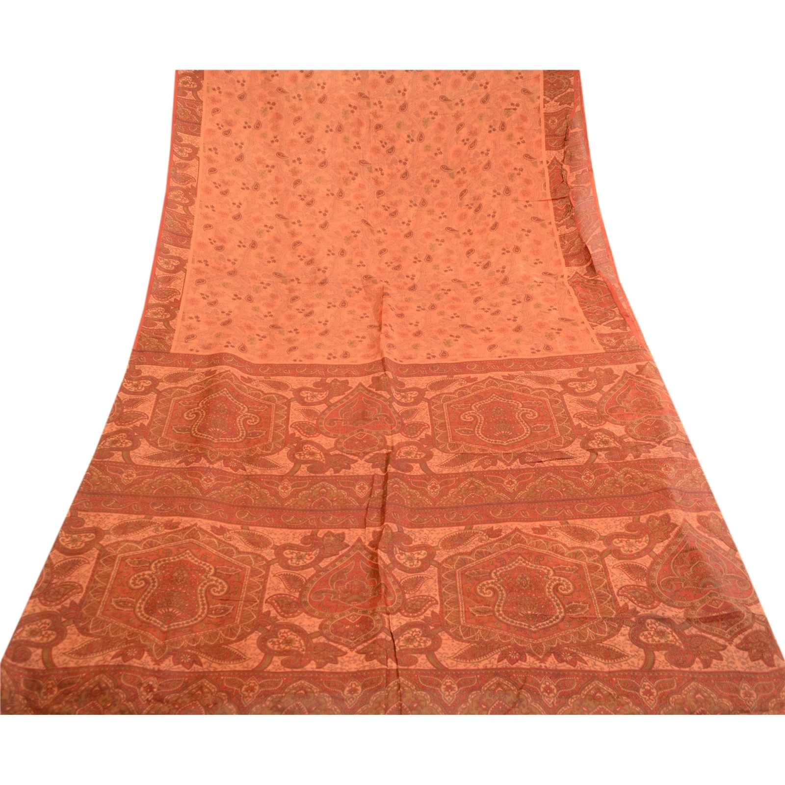 Sanskriti Vintage Peach Indian Sarees Printed Pure Silk Sari Soft Craft Fabric, PR-59370-Peach-Printed Floral Design-Pure Silk-7