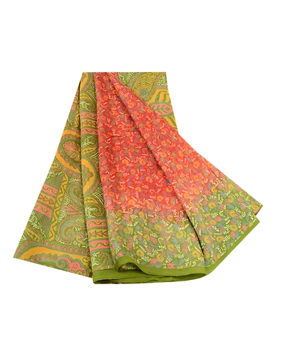 Sanskriti Vintage Orange Indian Sarees Printed Pure Silk Sari Soft Craft Fabric, PR-59375-Orange-Printed Floral Design-Pure Silk-6