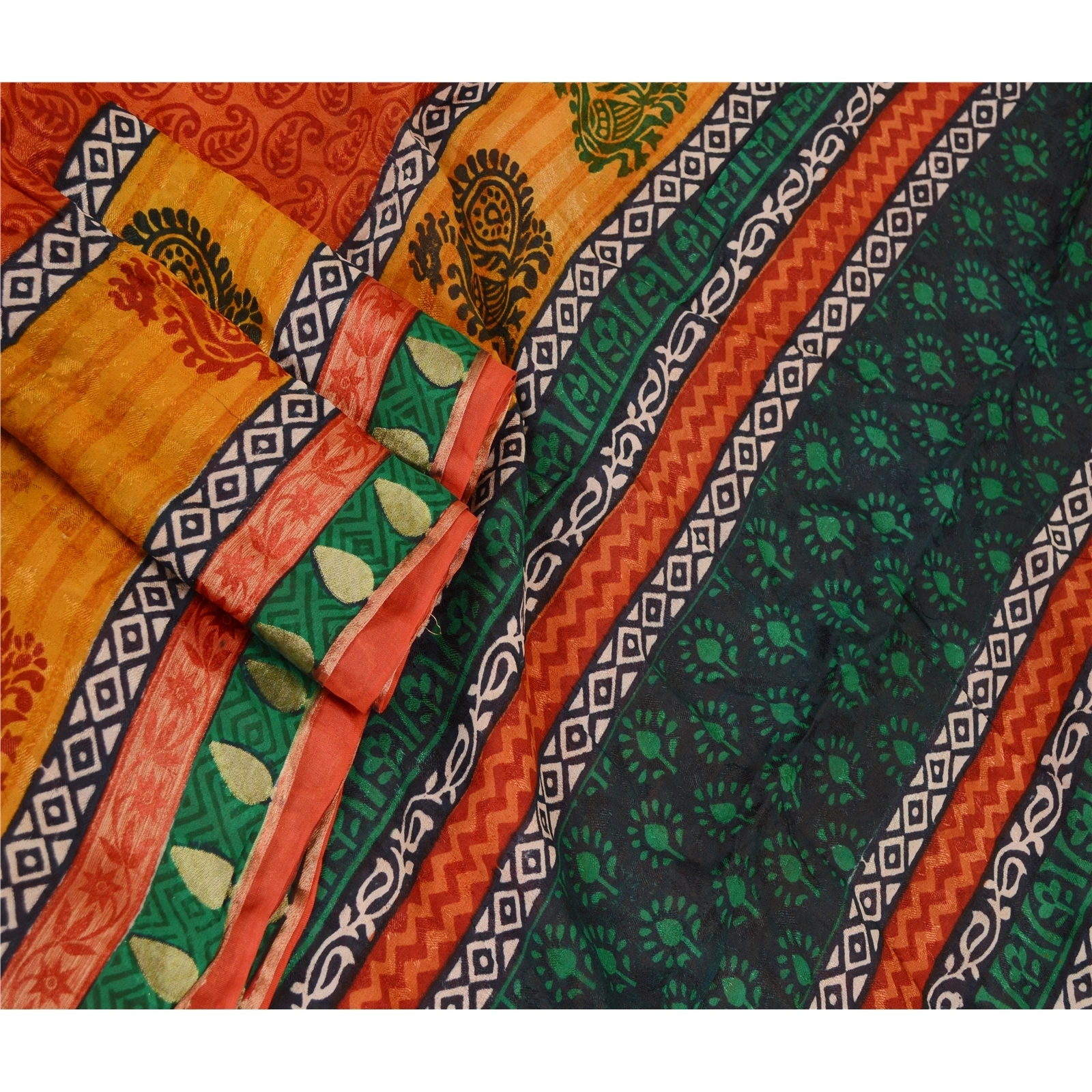 Sanskriti Vintage Orange Sarees Pure Silk Peacock Printed Sari 5Yd Craft Fabric, PR-59384-Orange-Printed Floral Design-Pure Silk-1