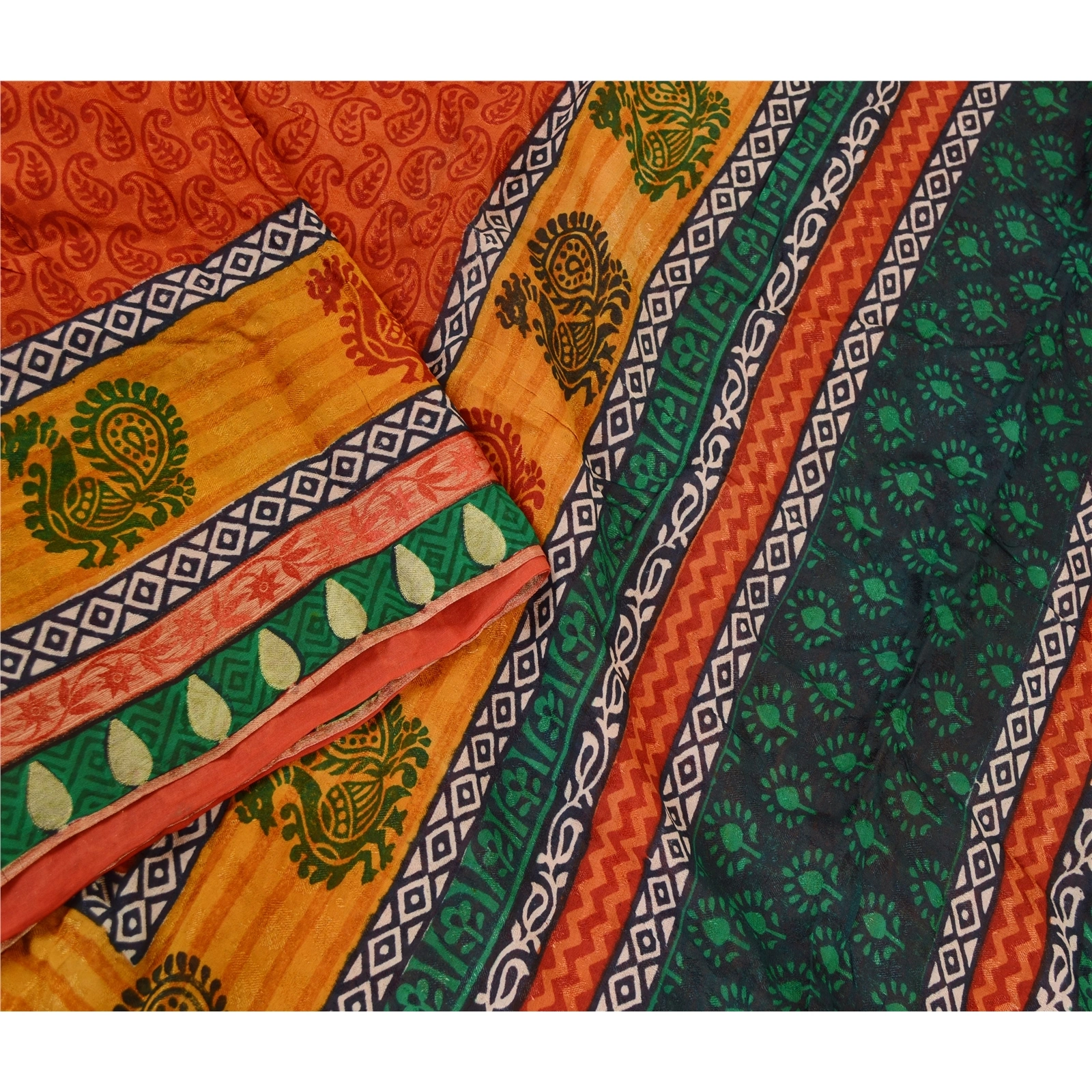 Sanskriti Vintage Orange Sarees Pure Silk Peacock Printed Sari 5Yd Craft Fabric, PR-59384-Orange-Printed Floral Design-Pure Silk-2