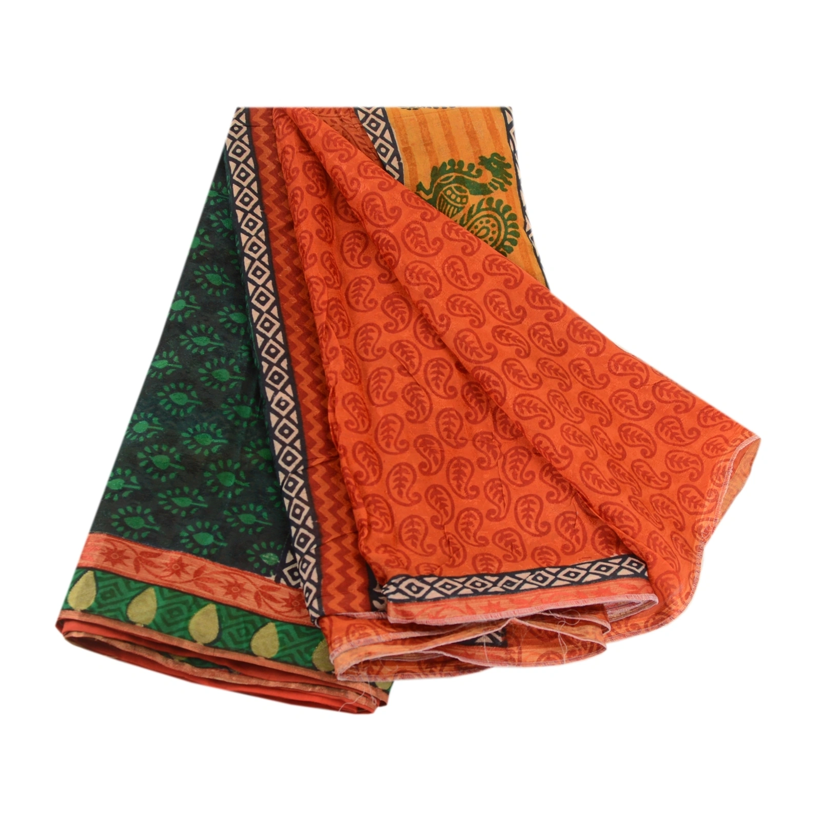 Sanskriti Vintage Orange Sarees Pure Silk Peacock Printed Sari 5Yd Craft Fabric, PR-59384-Orange-Printed Floral Design-Pure Silk-6