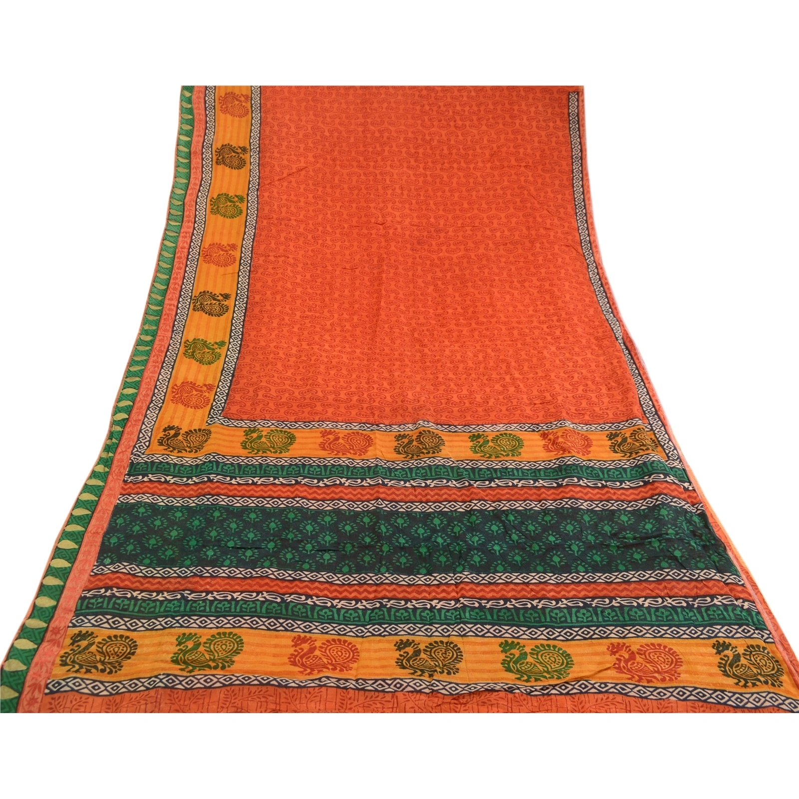 Sanskriti Vintage Orange Sarees Pure Silk Peacock Printed Sari 5Yd Craft Fabric, PR-59384-Orange-Printed Floral Design-Pure Silk-7