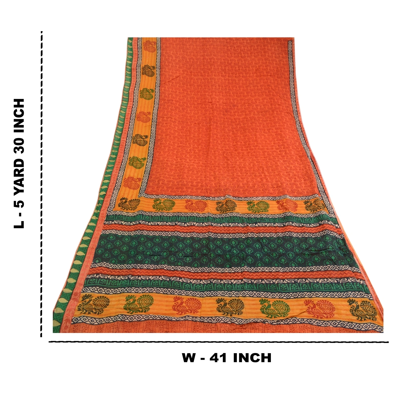 Sanskriti Vintage Orange Sarees Pure Silk Peacock Printed Sari 5Yd Craft Fabric, PR-59384-Orange-Printed Floral Design-Pure Silk-8