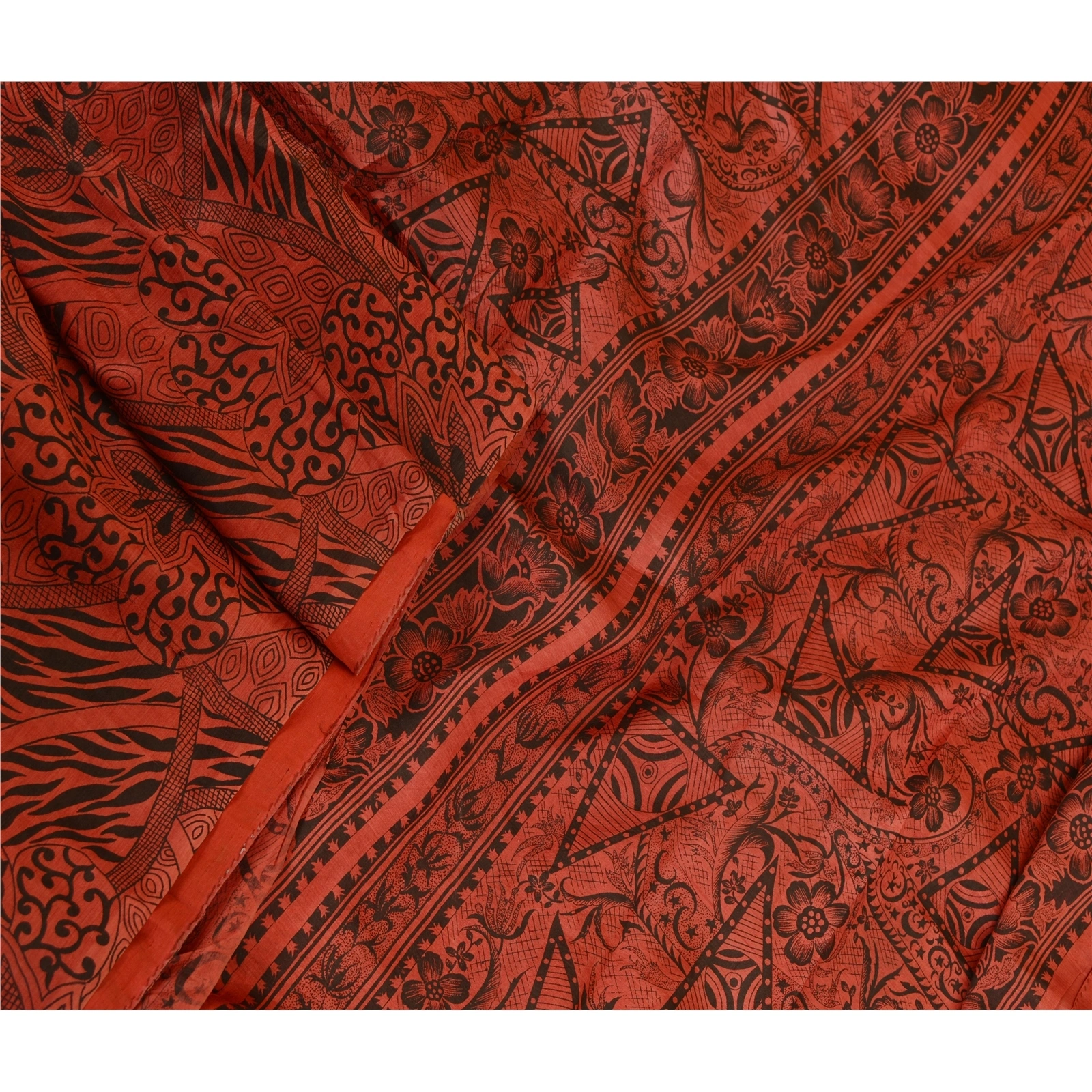 Sanskriti Vintage Dusty Red Sarees Pure Silk Printed Sari Soft 5Yd Craft Fabric, PR-59397-Dusty Red-Printed Floral Design-Pure Silk-1