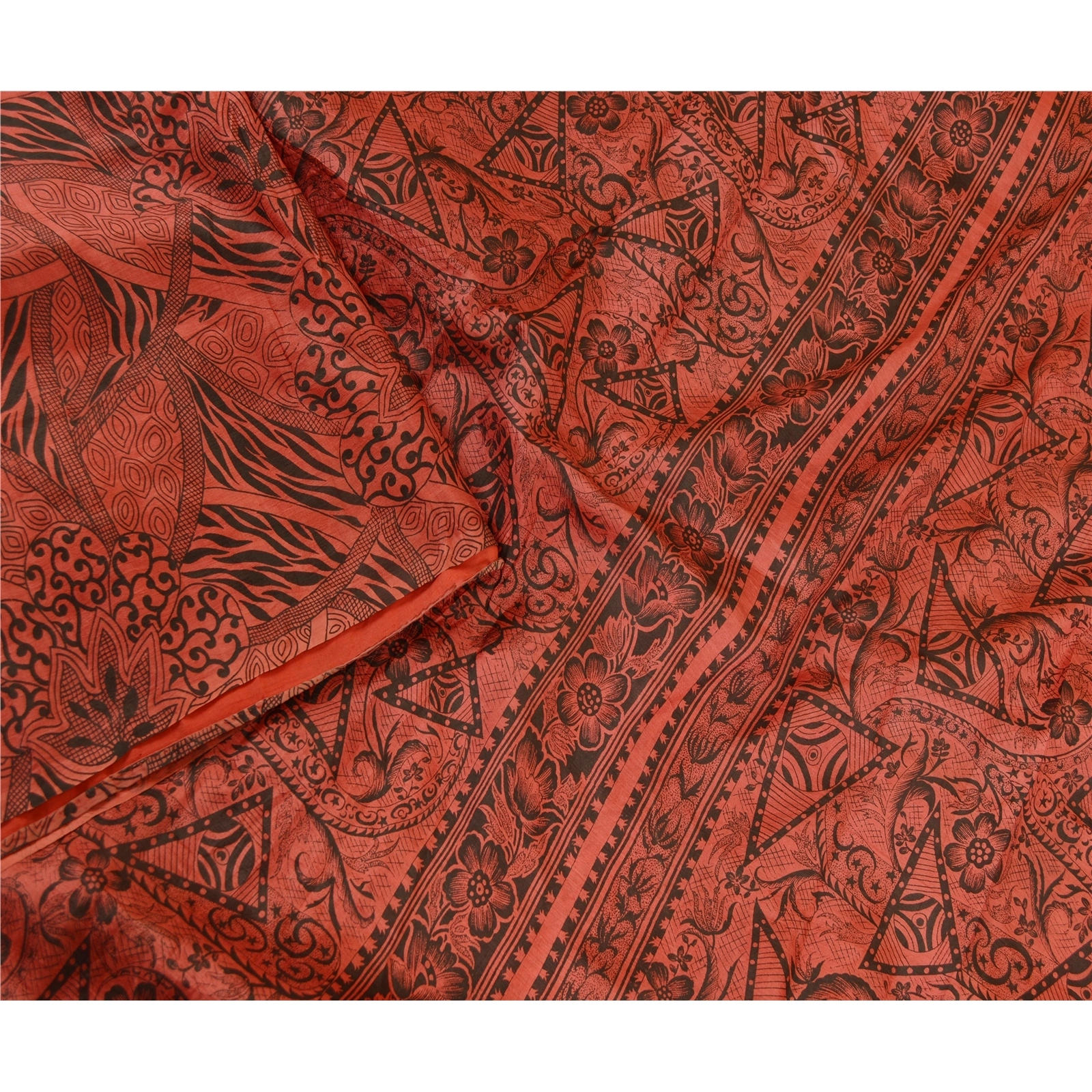 Sanskriti Vintage Dusty Red Sarees Pure Silk Printed Sari Soft 5Yd Craft Fabric, PR-59397-Dusty Red-Printed Floral Design-Pure Silk-2