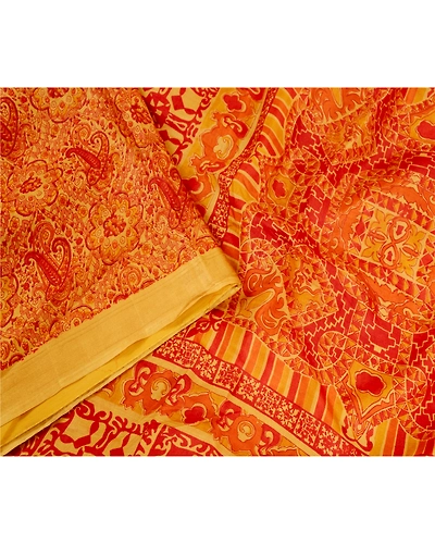 Sanskriti Vintage Red Sarees 100% Pure Silk Printed Sari Floral 5Yd Craft Fabric, PR-59440-Red-Printed Floral Design-Pure Silk-2