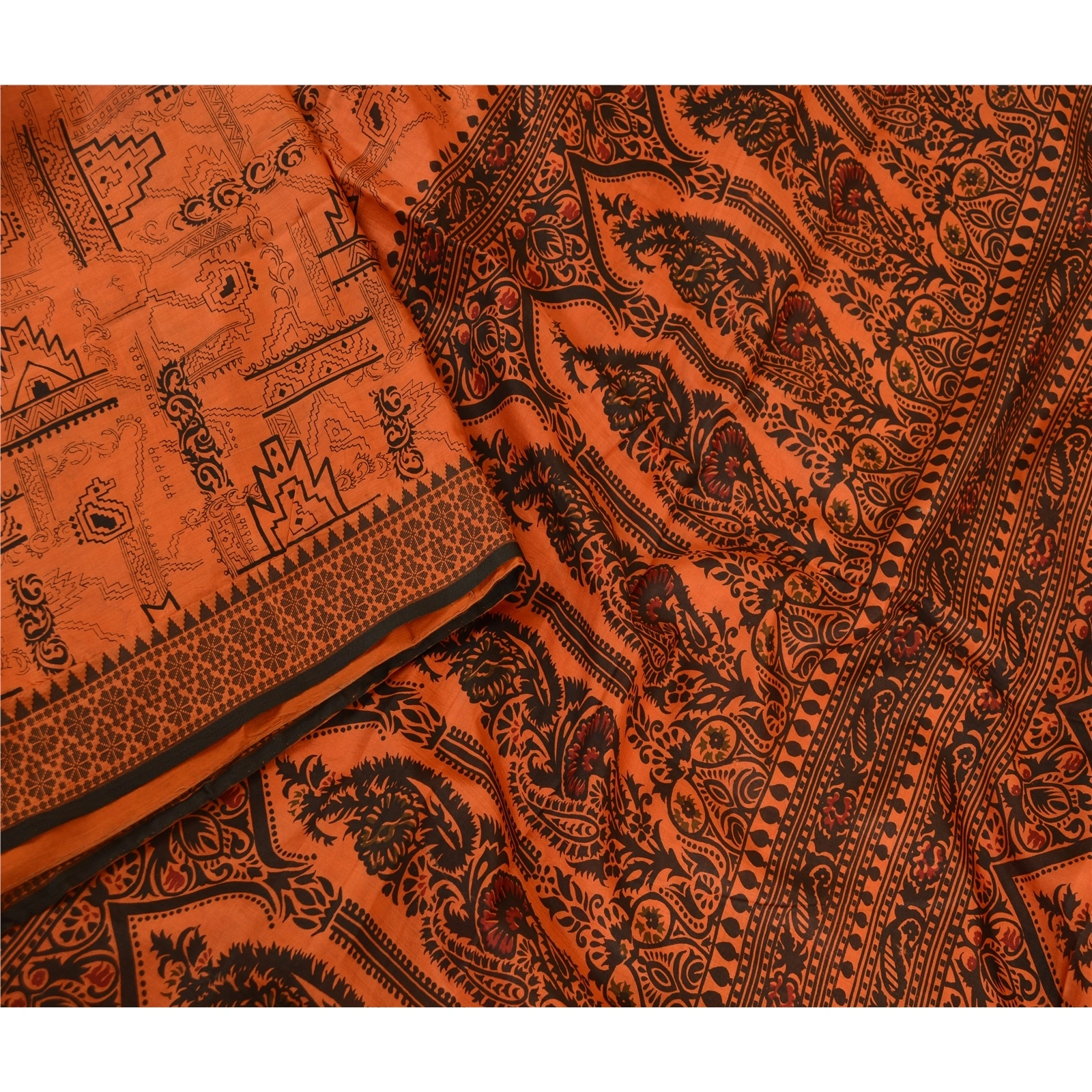 Sanskriti Vintage Orange Indian Printed Sarees Pure Silk Sari Soft Craft Fabric, PR-59451-Orange-Printed Floral Design-Pure Silk-2