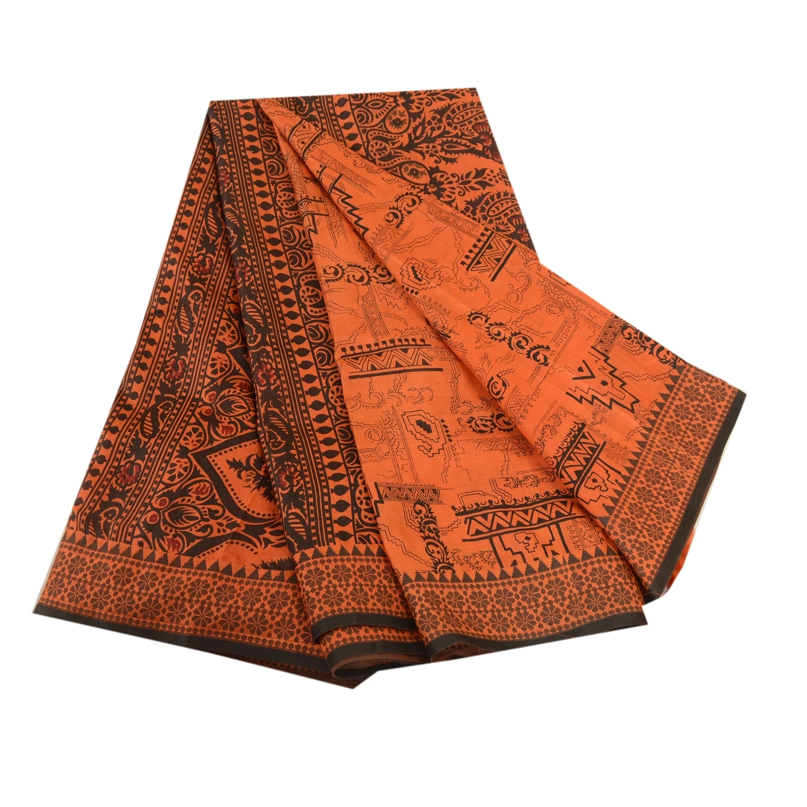 Sanskriti Vintage Orange Indian Printed Sarees Pure Silk Sari Soft Craft Fabric, PR-59451-Orange-Printed Floral Design-Pure Silk-6