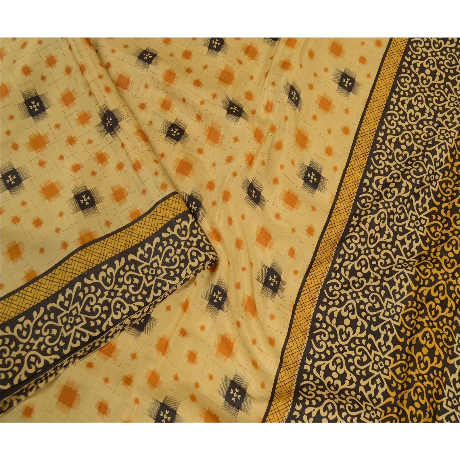 Sanskriti Vintage Beige Indian Printed Sarees Pure Silk Sari Floral Craft Fabric, PR-59455-Beige-Printed Floral Design-Pure Silk-2