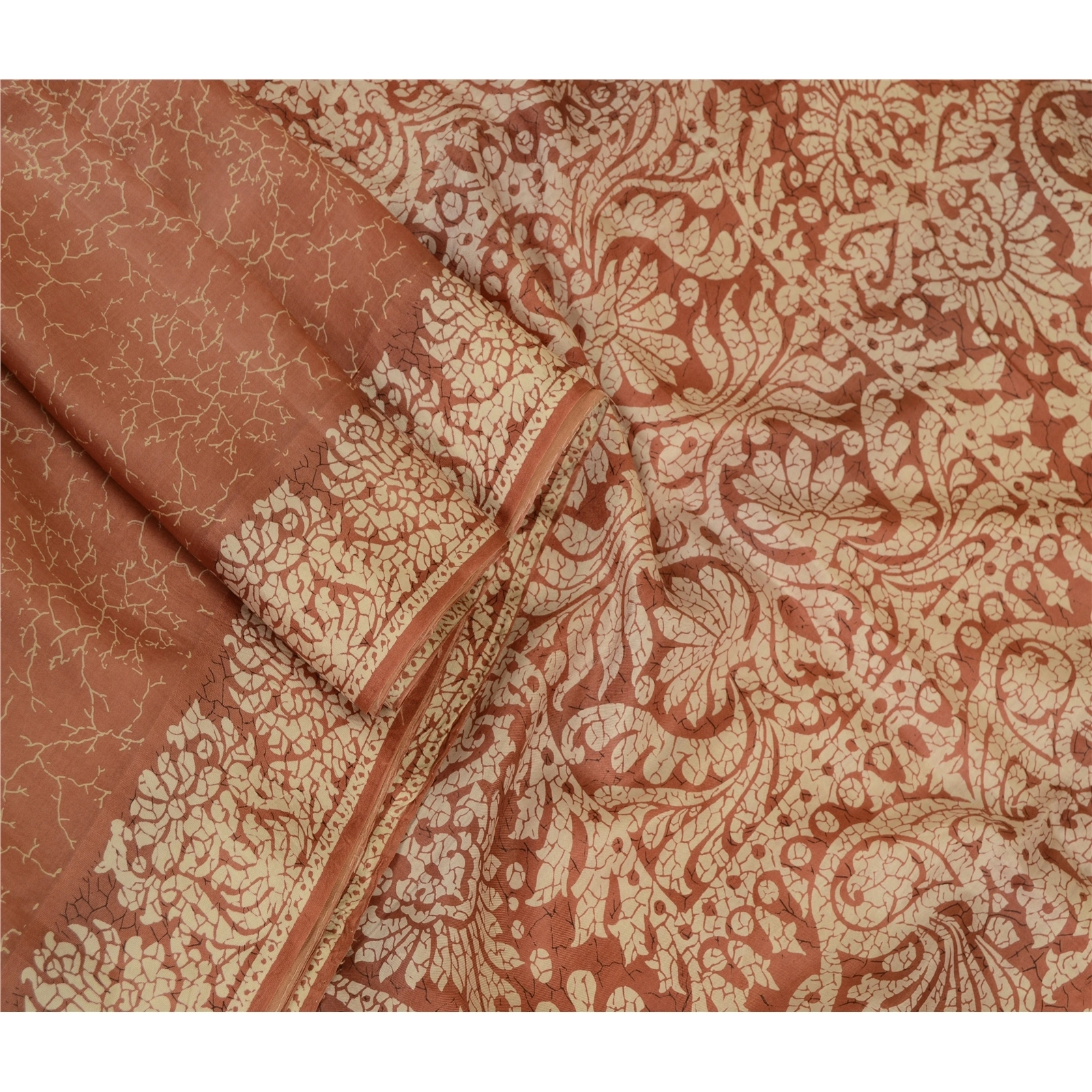 Sanskriti Vintage Brown Printed Sarees 100% Pure Silk Sari Floral Craft Fabric, PR-59458-Brown-Printed Floral Design-Pure Silk-2