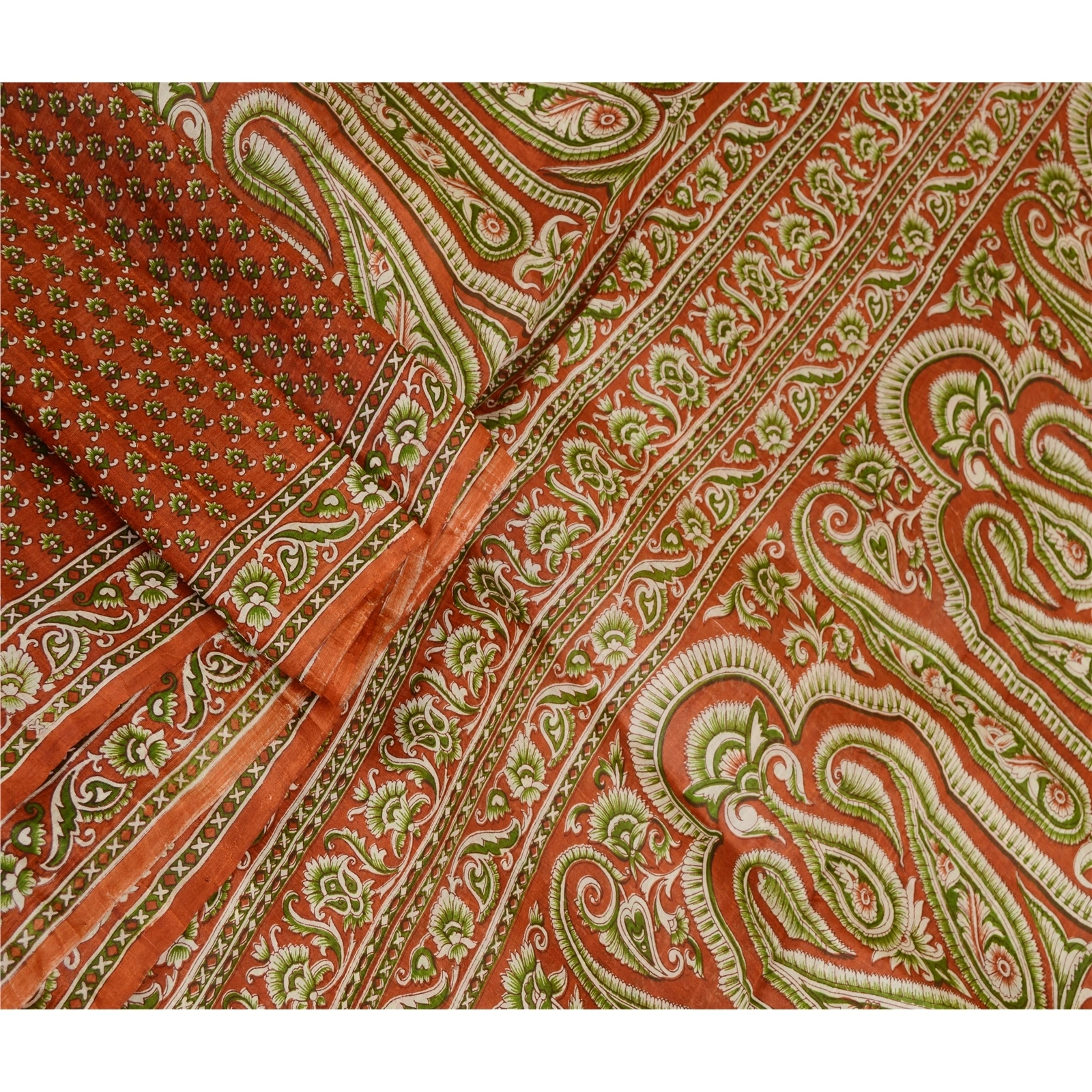 Sanskriti Vintage Orange 100% Sarees Pure Silk Printed Sari Floral Craft Fabric, PR-59523-Orange-Printed Floral Design-Pure Silk-1