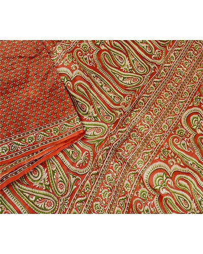 Sanskriti Vintage Orange 100% Sarees Pure Silk Printed Sari Floral Craft Fabric, PR-59523-Orange-Printed Floral Design-Pure Silk-2