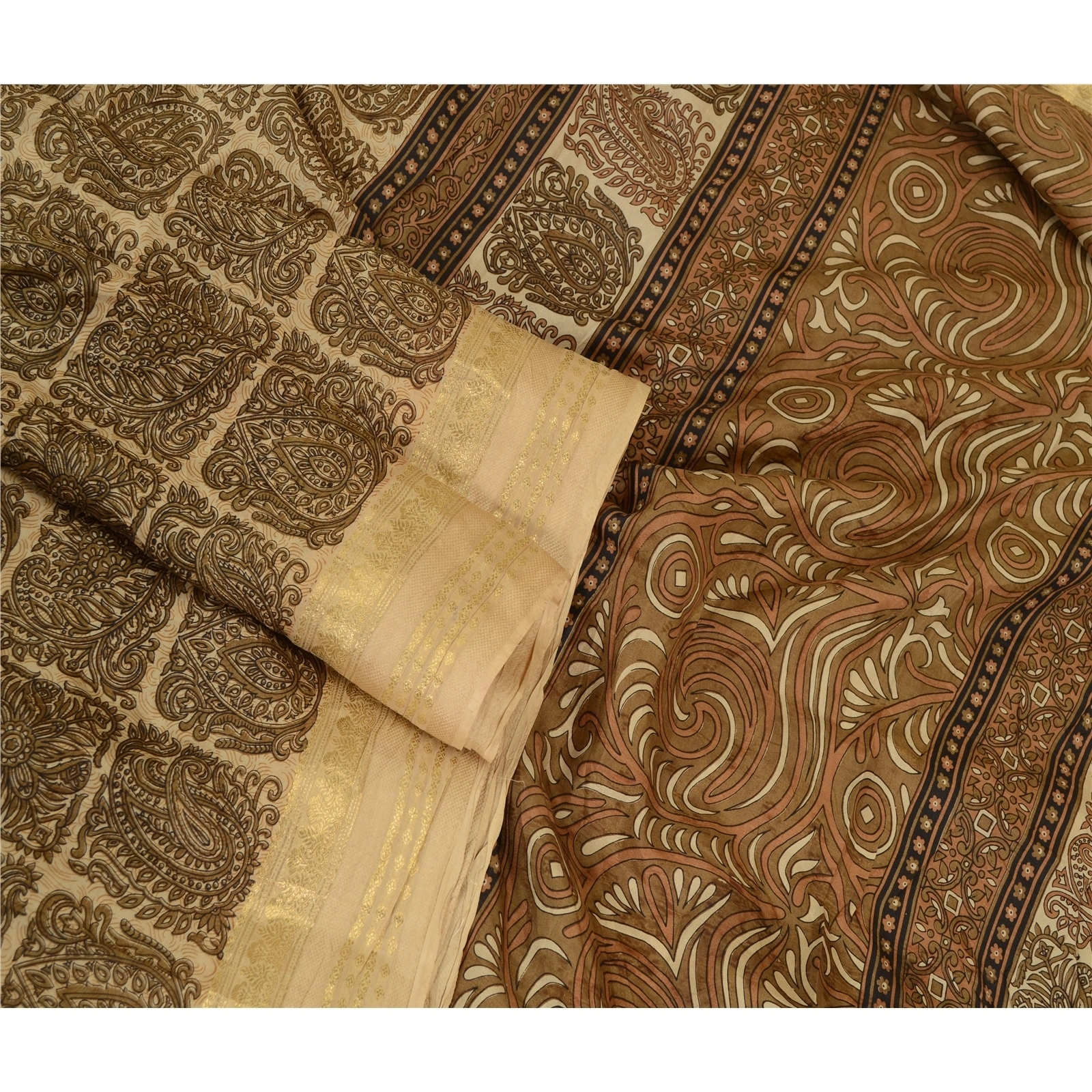 Sanskriti Vintage Brown Sarees Pure Silk Printed Zari Border Sari Craft Fabric, PR-59527-Brown-Printed Floral Design-Pure Silk-1