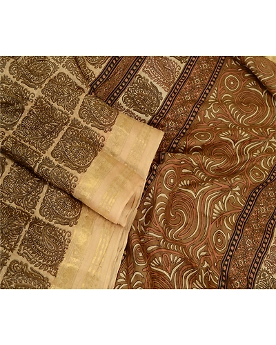 Sanskriti Vintage Brown Sarees Pure Silk Printed Zari Border Sari Craft Fabric, PR-59527-Brown-Printed Floral Design-Pure Silk-1