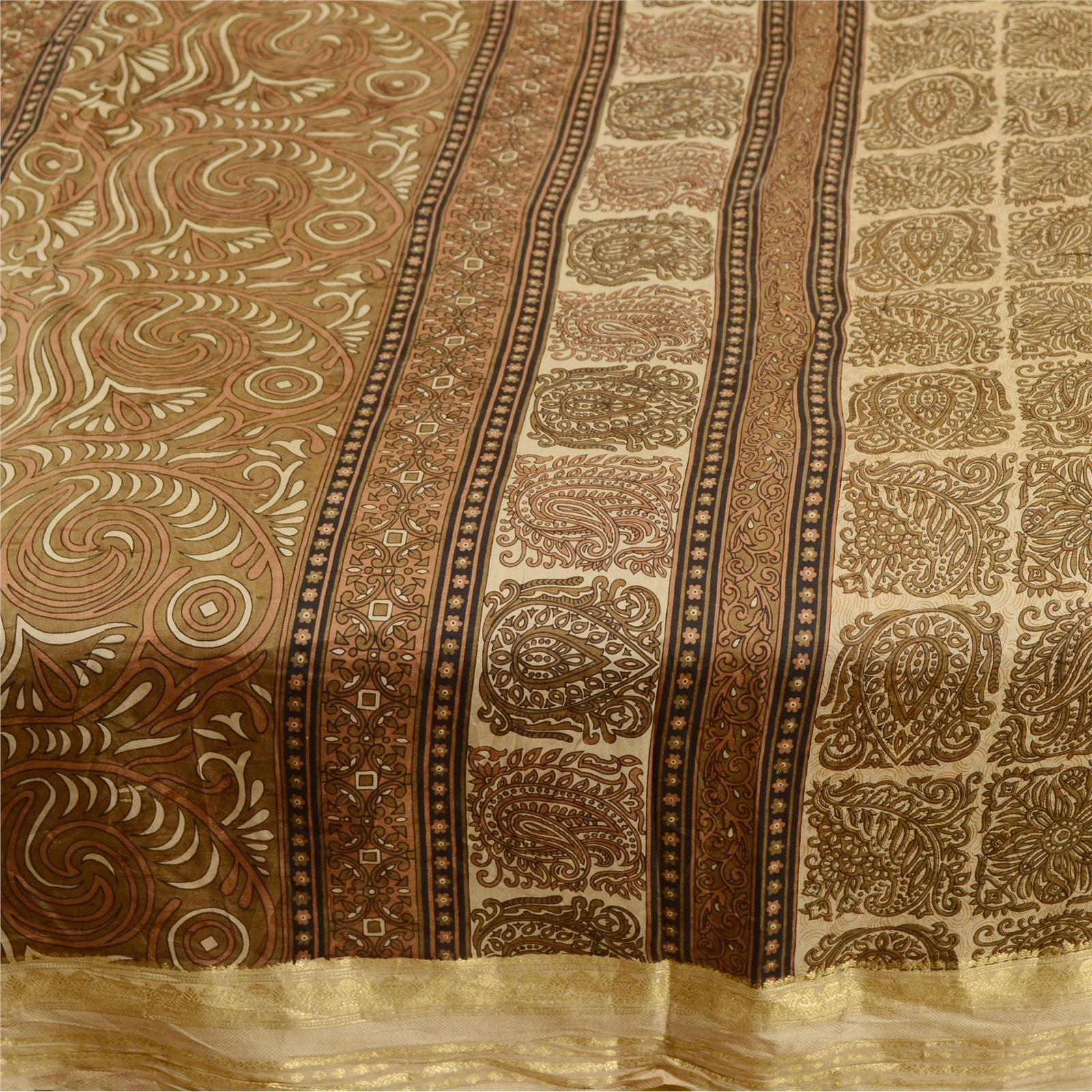 Sanskriti Vintage Brown Sarees Pure Silk Printed Zari Border Sari Craft Fabric, PR-59527-Brown-Printed Floral Design-Pure Silk-3