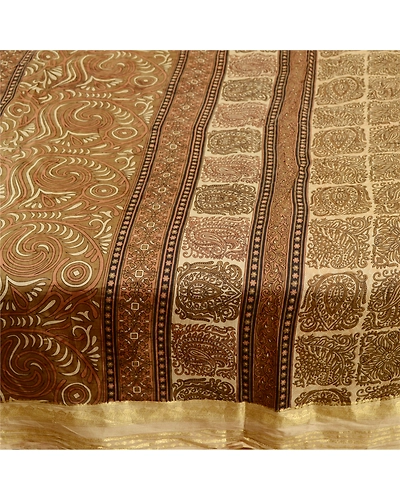 Sanskriti Vintage Brown Sarees Pure Silk Printed Zari Border Sari Craft Fabric, PR-59527-Brown-Printed Floral Design-Pure Silk-3