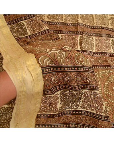 Sanskriti Vintage Brown Sarees Pure Silk Printed Zari Border Sari Craft Fabric, PR-59527-Brown-Printed Floral Design-Pure Silk-5