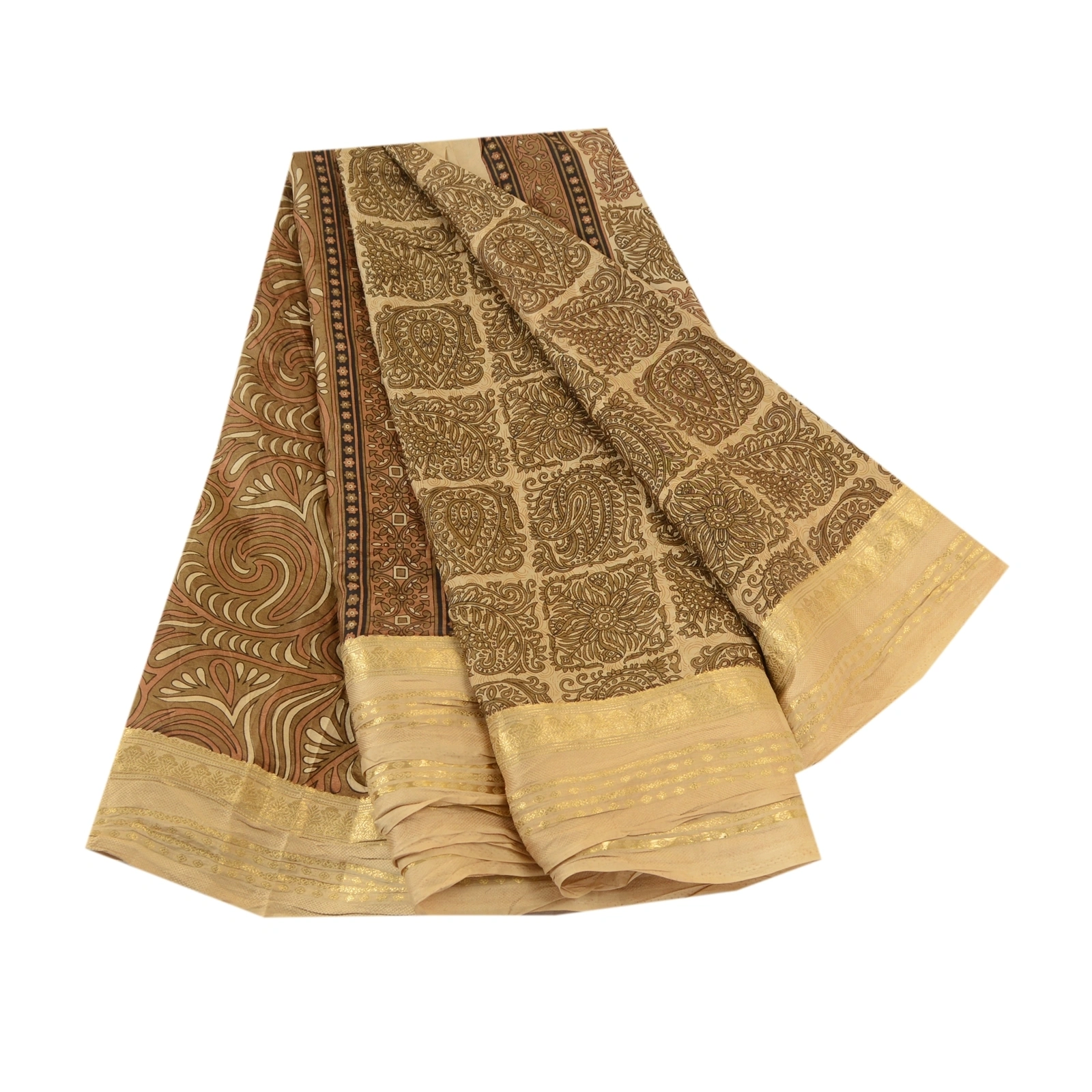 Sanskriti Vintage Brown Sarees Pure Silk Printed Zari Border Sari Craft Fabric, PR-59527-Brown-Printed Floral Design-Pure Silk-6