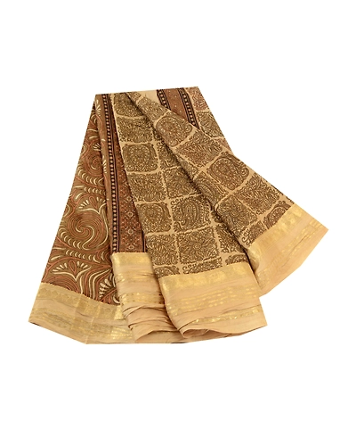 Sanskriti Vintage Brown Sarees Pure Silk Printed Zari Border Sari Craft Fabric, PR-59527-Brown-Printed Floral Design-Pure Silk-6