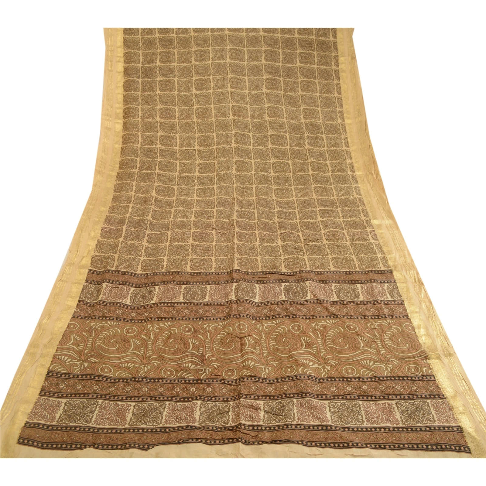 Sanskriti Vintage Brown Sarees Pure Silk Printed Zari Border Sari Craft Fabric, PR-59527-Brown-Printed Floral Design-Pure Silk-7