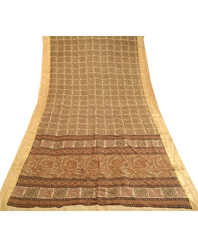 Sanskriti Vintage Brown Sarees Pure Silk Printed Zari Border Sari Craft Fabric, PR-59527-Brown-Printed Floral Design-Pure Silk-7
