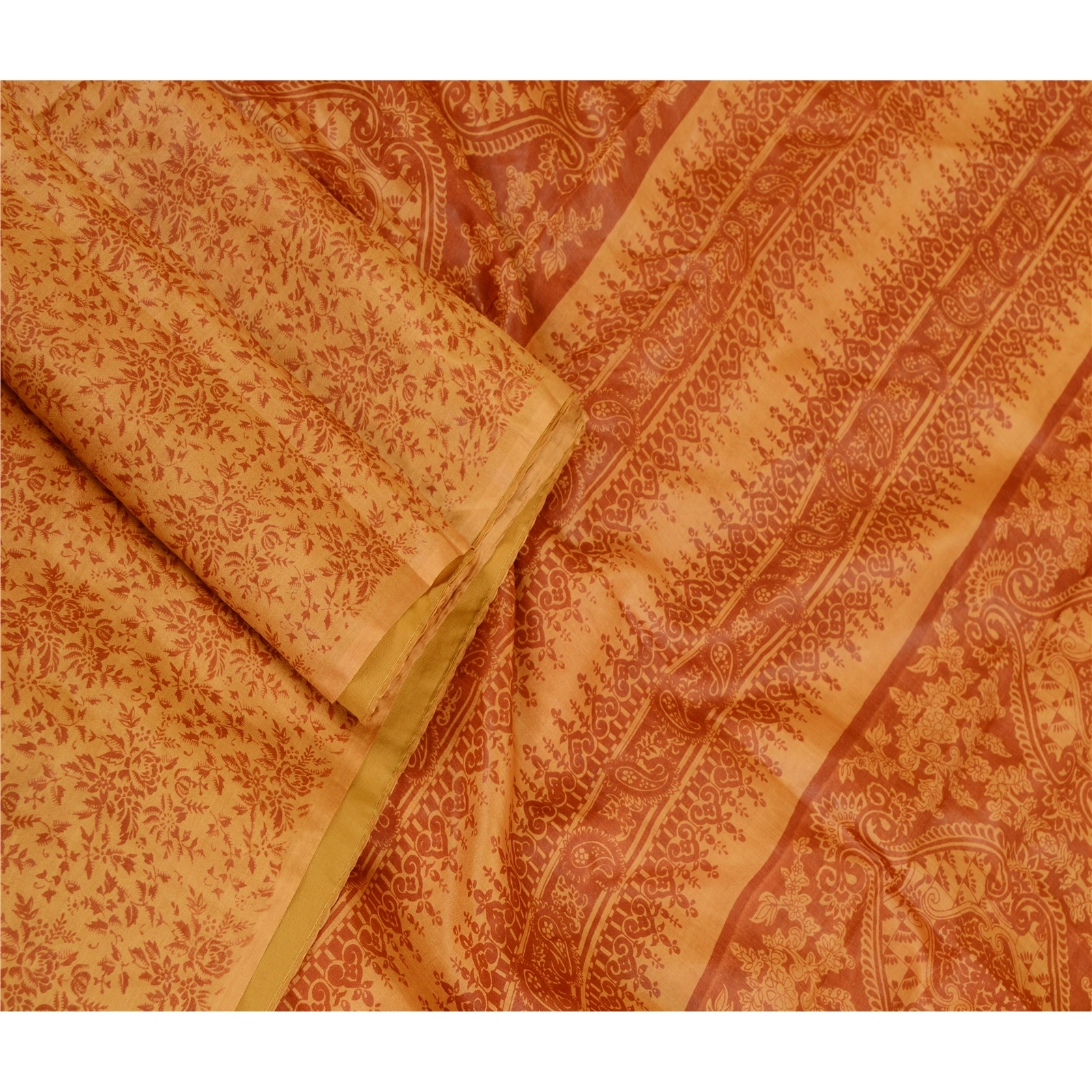 Sanskriti Vintage Saffron Indian Sarees Pure Silk Printed Sari Soft Craft Fabric, PR-59528-Saffron-Printed Floral Design-Pure Silk-1