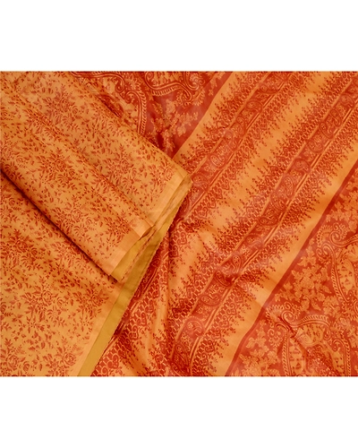 Sanskriti Vintage Saffron Indian Sarees Pure Silk Printed Sari Soft Craft Fabric, PR-59528-Saffron-Printed Floral Design-Pure Silk-1