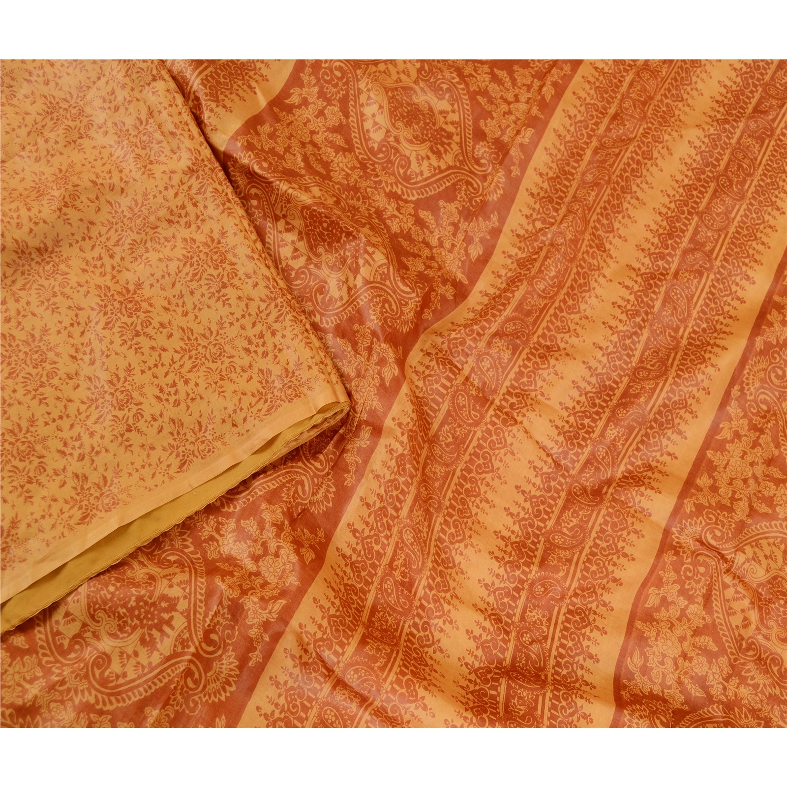 Sanskriti Vintage Saffron Indian Sarees Pure Silk Printed Sari Soft Craft Fabric, PR-59528-Saffron-Printed Floral Design-Pure Silk-2