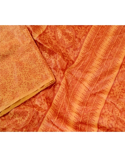 Sanskriti Vintage Saffron Indian Sarees Pure Silk Printed Sari Soft Craft Fabric, PR-59528-Saffron-Printed Floral Design-Pure Silk-2