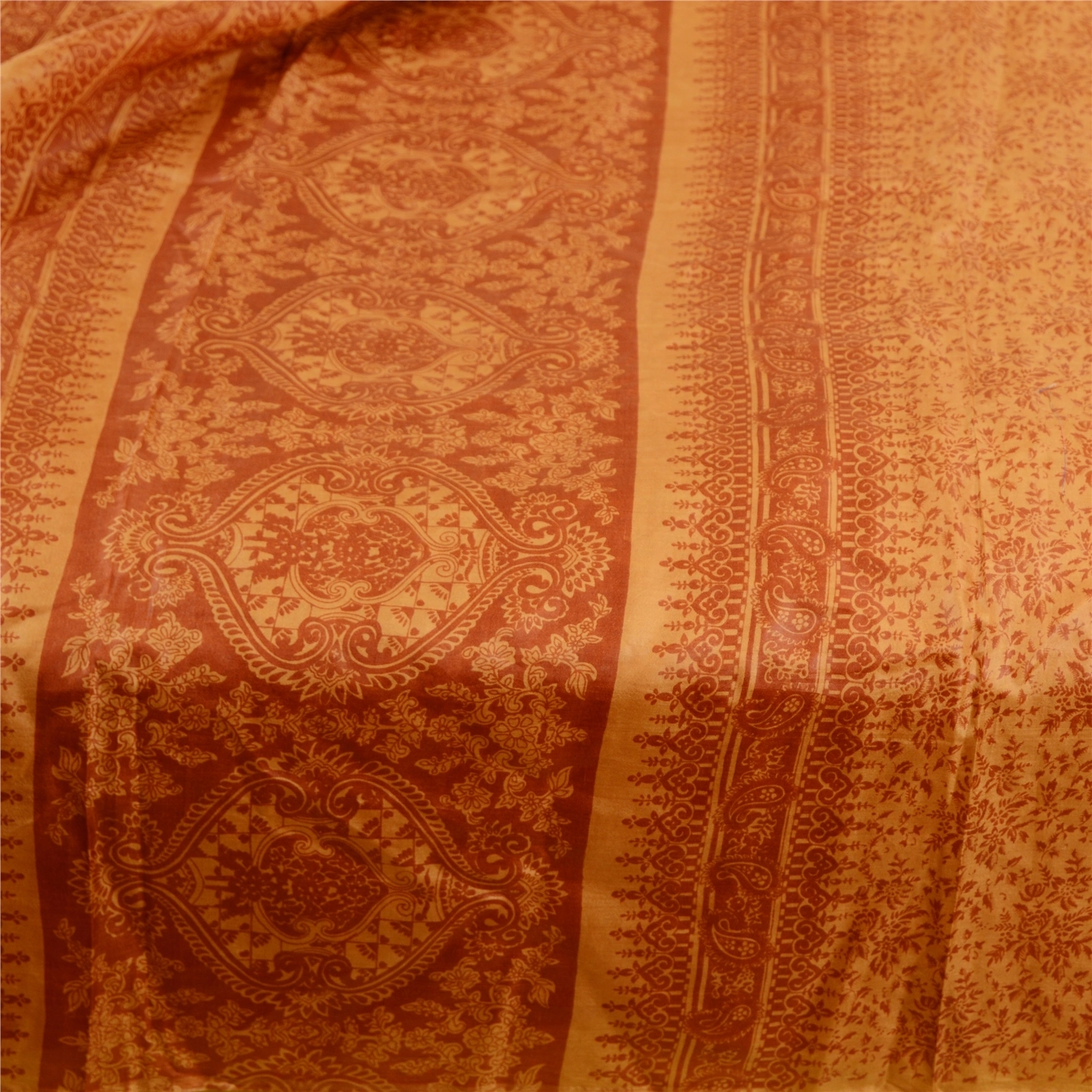 Sanskriti Vintage Saffron Indian Sarees Pure Silk Printed Sari Soft Craft Fabric, PR-59528-Saffron-Printed Floral Design-Pure Silk-3