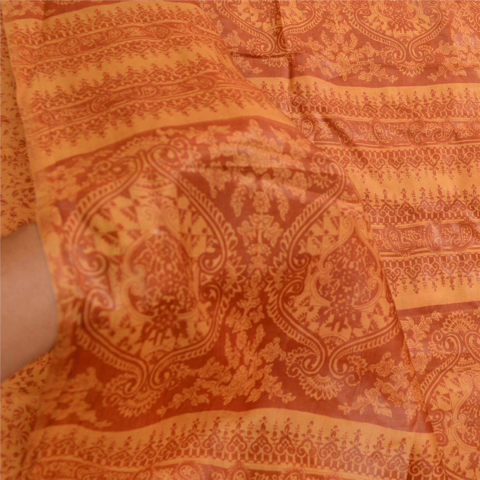 Sanskriti Vintage Saffron Indian Sarees Pure Silk Printed Sari Soft Craft Fabric, PR-59528-Saffron-Printed Floral Design-Pure Silk-5