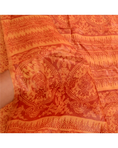 Sanskriti Vintage Saffron Indian Sarees Pure Silk Printed Sari Soft Craft Fabric, PR-59528-Saffron-Printed Floral Design-Pure Silk-5