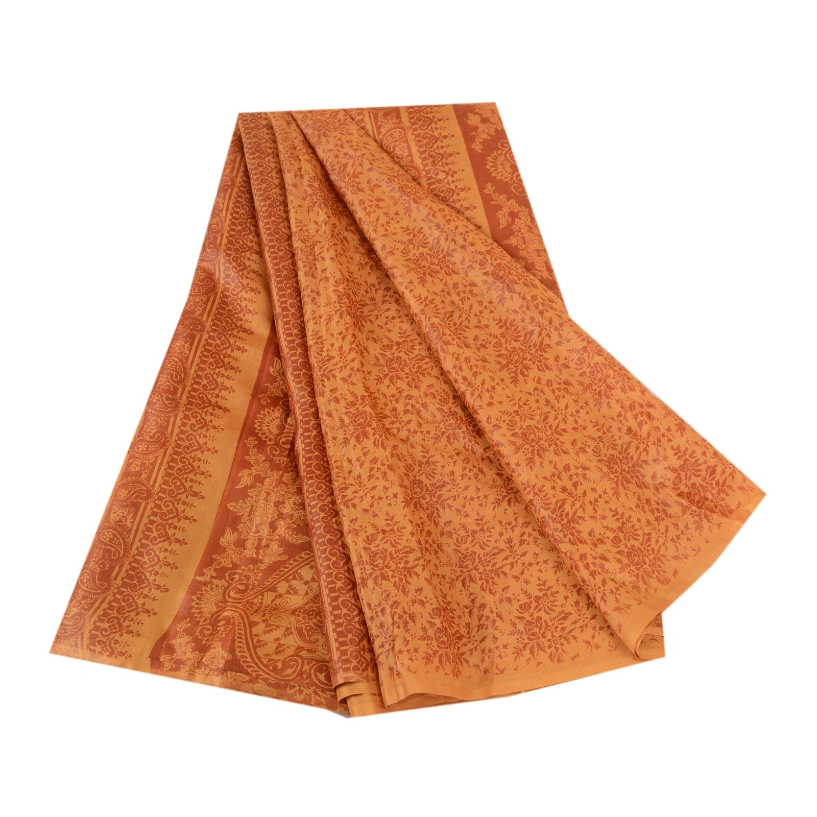 Sanskriti Vintage Saffron Indian Sarees Pure Silk Printed Sari Soft Craft Fabric, PR-59528-Saffron-Printed Floral Design-Pure Silk-6