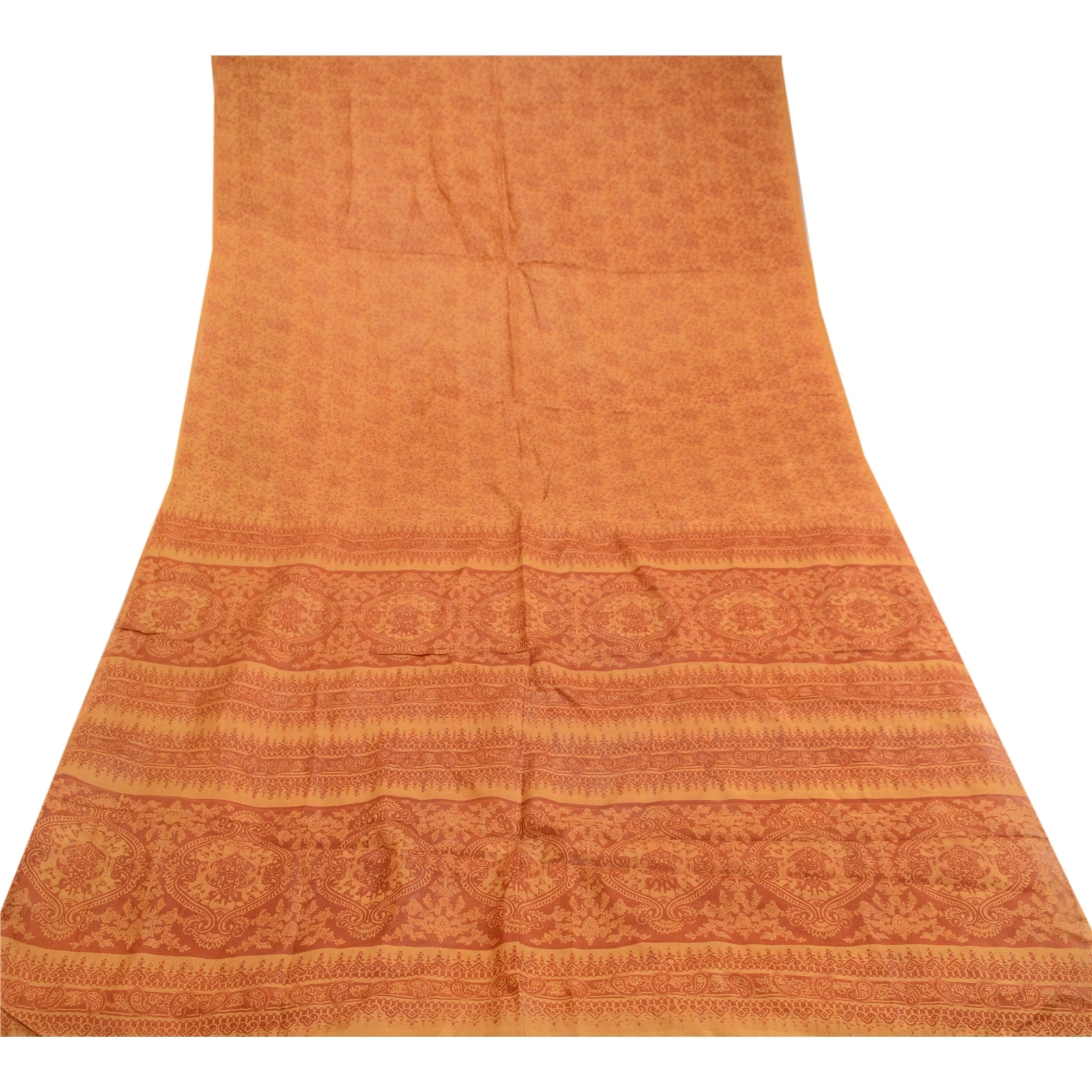 Sanskriti Vintage Saffron Indian Sarees Pure Silk Printed Sari Soft Craft Fabric, PR-59528-Saffron-Printed Floral Design-Pure Silk-7