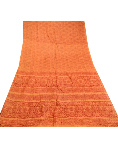 Sanskriti Vintage Saffron Indian Sarees Pure Silk Printed Sari Soft Craft Fabric, PR-59528-Saffron-Printed Floral Design-Pure Silk-7