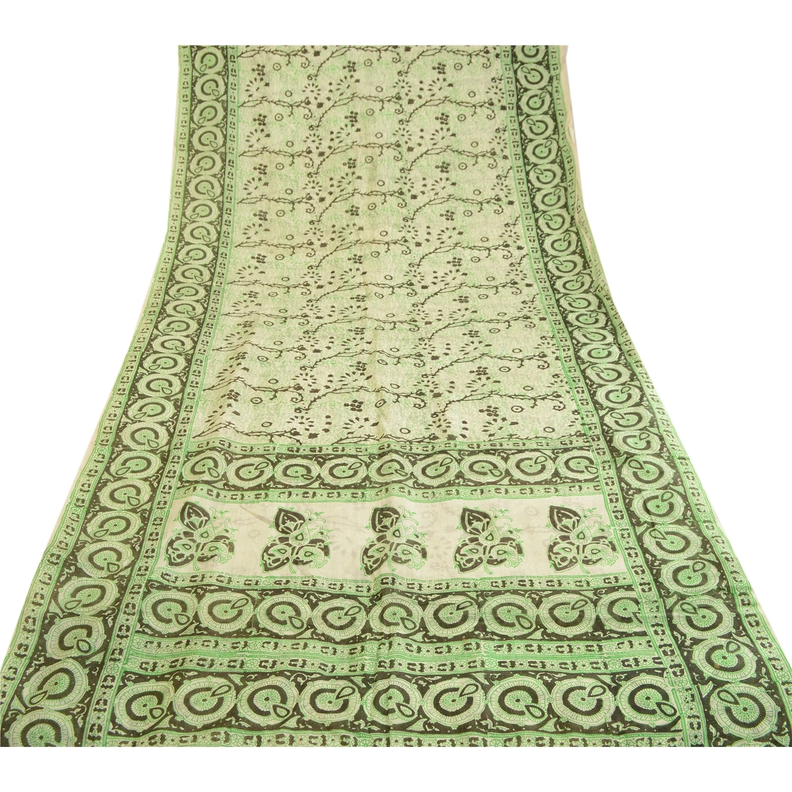 Sanskriti Vintage Green Indian Sarees Pure Silk Printed Sari Soft Craft Fabric, PR-59553-Green-Printed Floral Design-Pure Silk-8