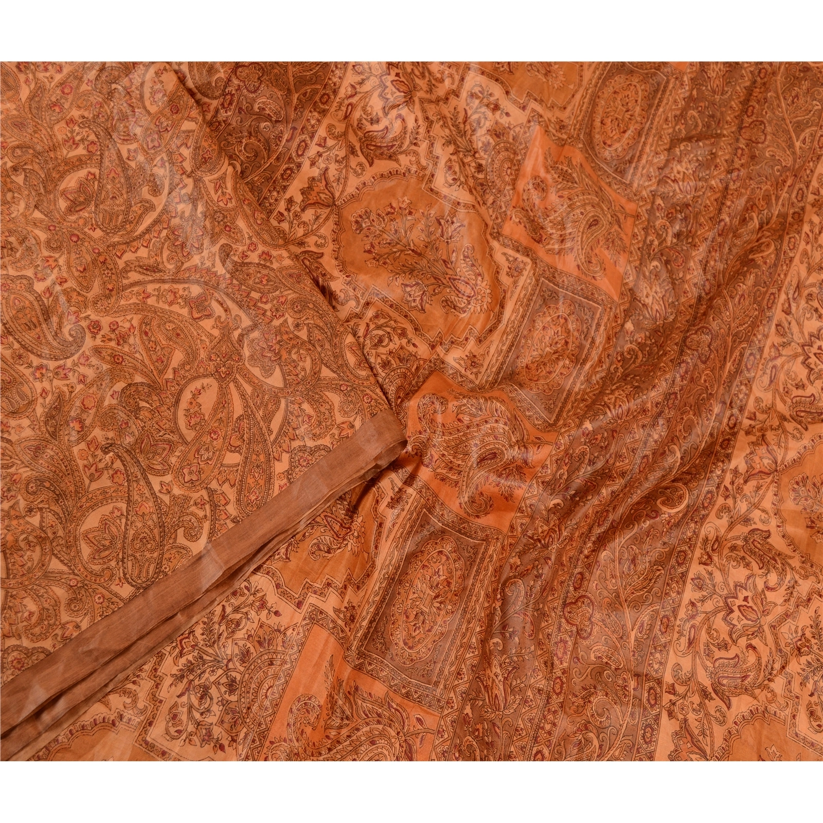 Sanskriti Vintage Peach Indian Sarees Pure Silk Printed Sari Soft Craft Fabric, PR-59554-Peach-Printed Floral Design-Pure Silk-2