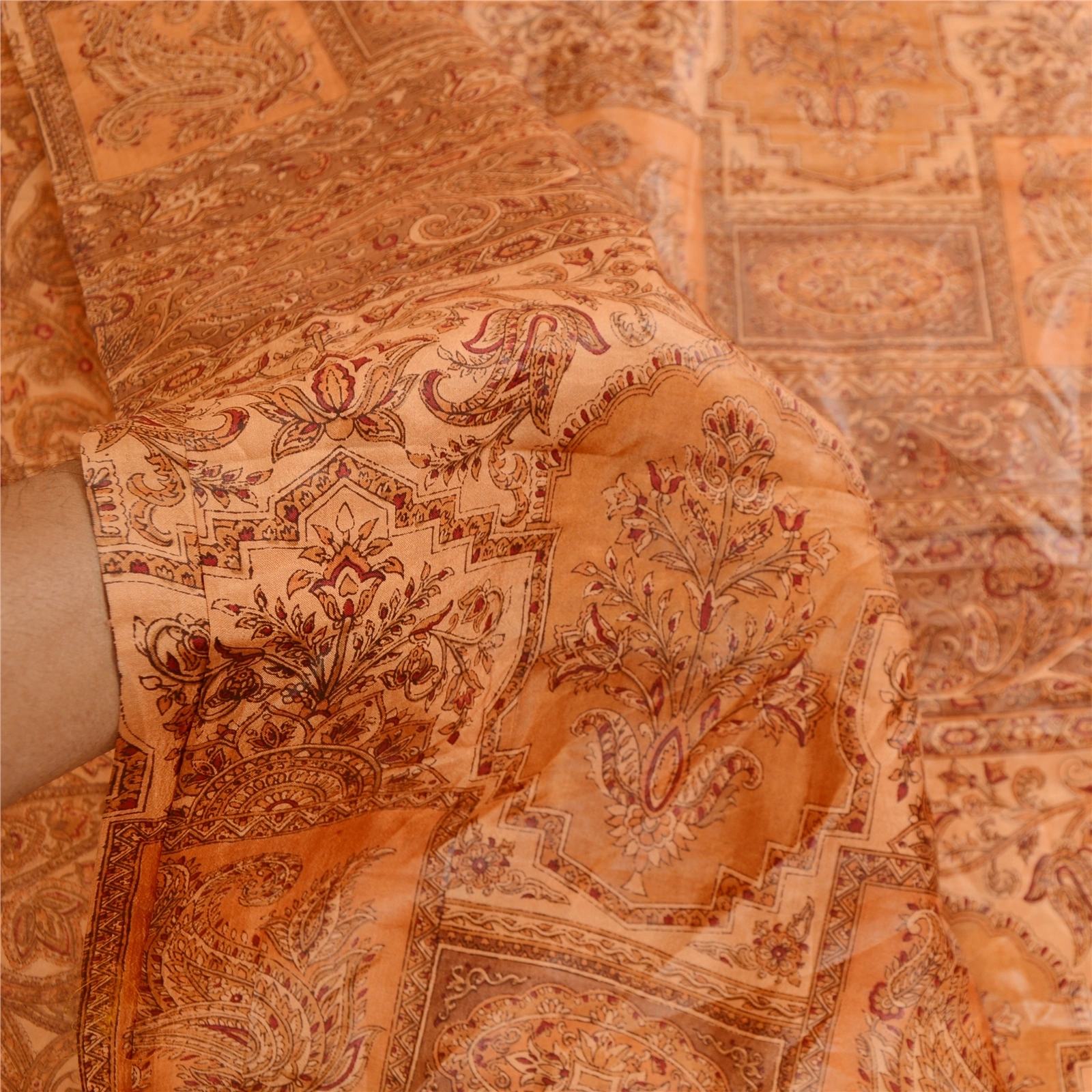 Sanskriti Vintage Peach Indian Sarees Pure Silk Printed Sari Soft Craft Fabric, PR-59554-Peach-Printed Floral Design-Pure Silk-5