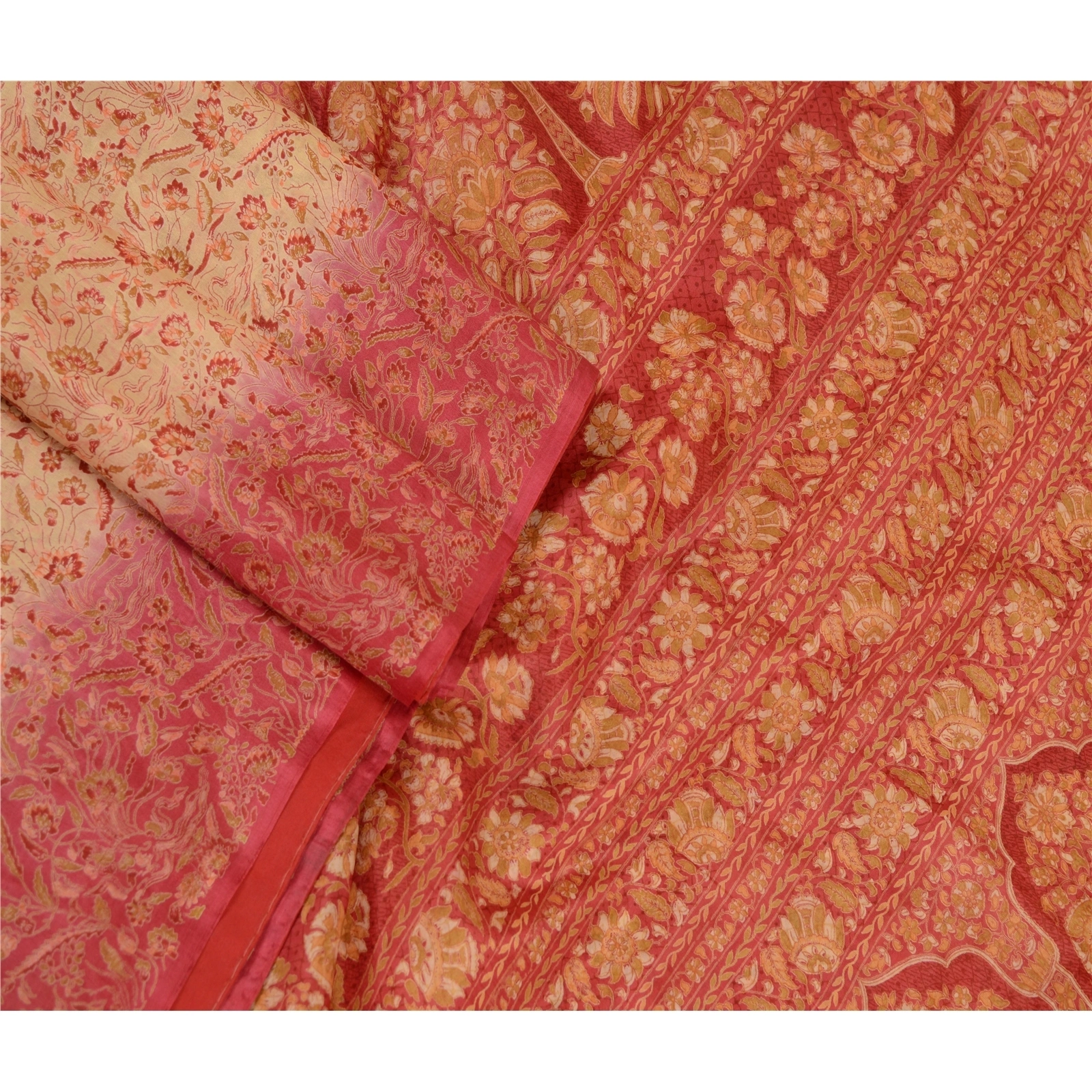 Sanskriti Vintage Cream Sarees Printed 100% Pure Silk Sari Soft 5Yd Craft Fabric, PR-59567-Cream-Printed Floral Design-Pure Silk-2